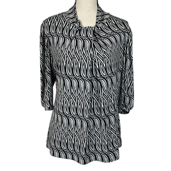 Worthington Large Top Geometric Stetch Elbow Puff Sleeves Keyhole Neck Multi - Picture 1 of 11